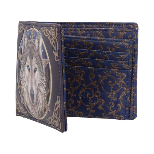 A bi-fold wallet, partially open, displays a wolf's head image on its exterior. The interior shows multiple card slots and a repeating pattern. The wallet is situated against a white background.
