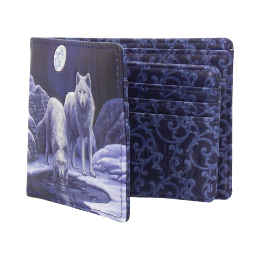 A bi-fold wallet, displaying two white wolves drinking from a pool under a moonlit sky, is open, revealing multiple card slots.