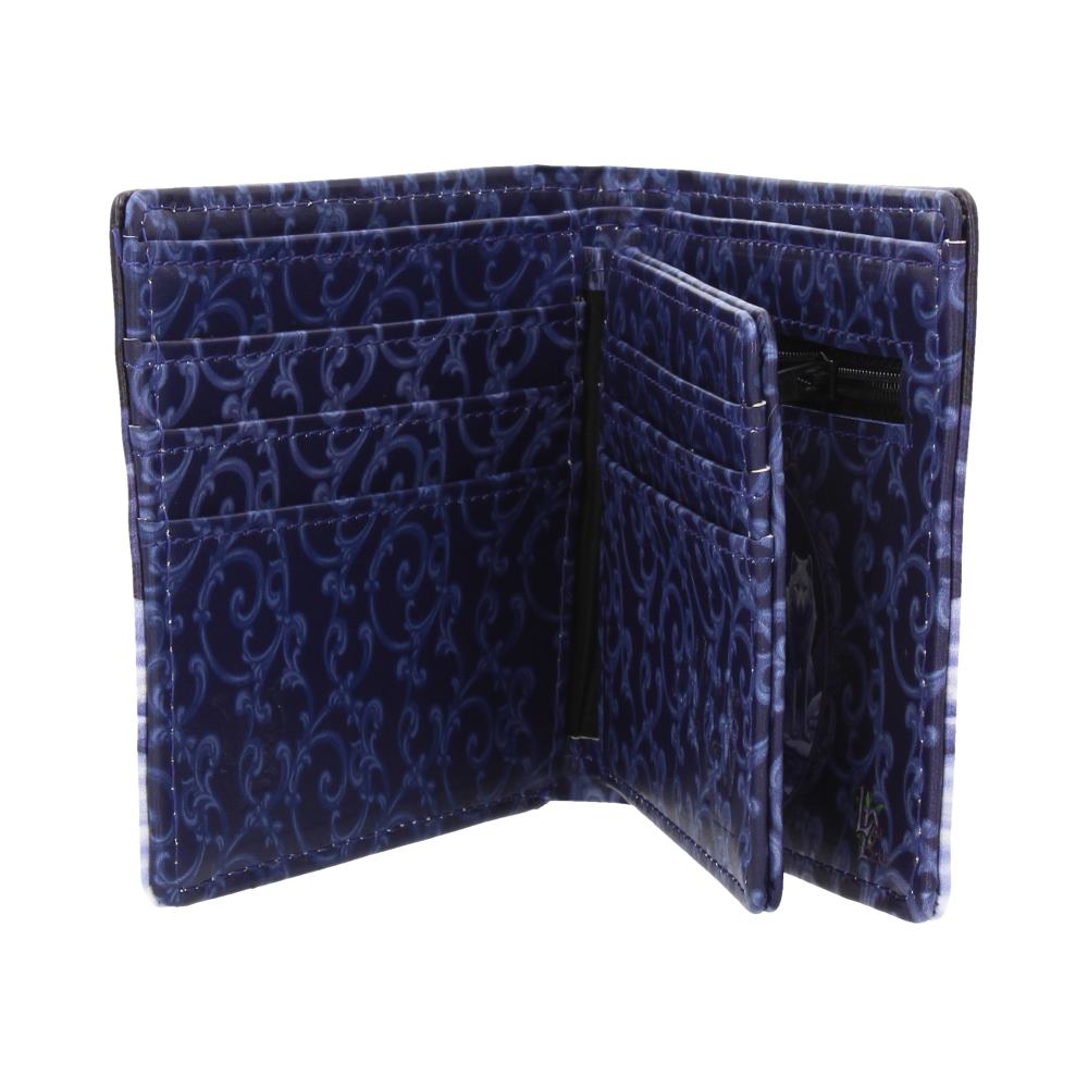 A bi-fold wallet, lies open, displaying multiple compartments; its dark blue surface features a repeating ornate pattern.