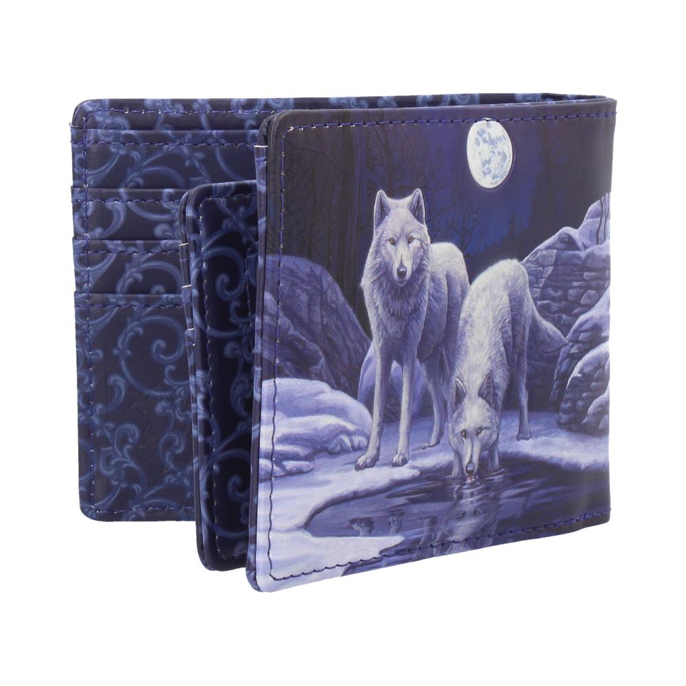 A bi-fold wallet, displaying a nocturnal scene of two white wolves drinking from a pool under a full moon, sits on a white background.