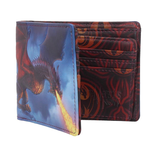 A bi-fold wallet, displaying a fire-breathing dragon, is open to show its interior card slots. The wallet's exterior features a dragon illustration, while the interior has a repeating dragon-themed pattern. "MYSTICS NOW" is subtly embossed inside.