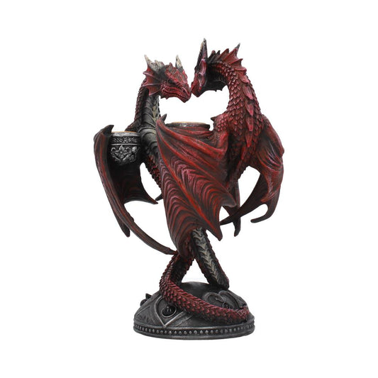 Red two-headed dragon statue wraps its intertwined bodies and wings around a carved circular pedestal, heads nearly touching above a coiled tail against a plain white background