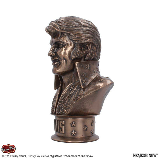 A bronze bust depicts a smiling man in a star-embellished suit. The base features stars and the text "ELVIS." Logos and trademark information are present at the bottom.