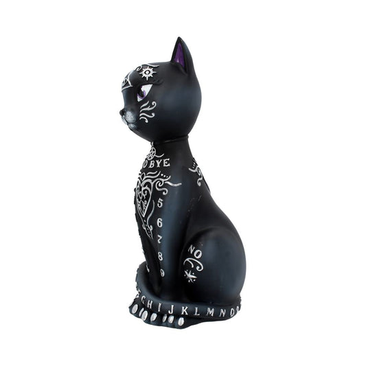 A black cat figurine sits, decorated with white designs and text, including "GOODBYE," numbers, "NO," and letters "A-Z" around the base, against a white background.
