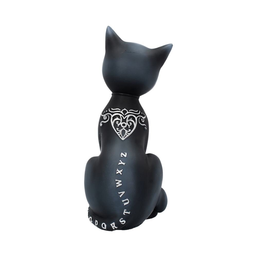 A black cat figurine sits calmly, decorated with intricate white heart patterns and letters "A-Z" from neck to tail, against a plain white background.