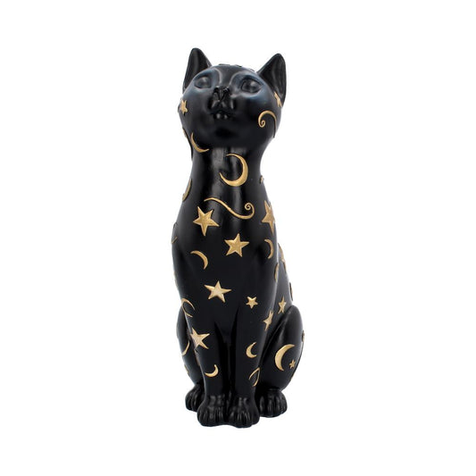 A black cat figurine sits upright, adorned with gold stars and crescent moons. The cat gazes upward, standing on a plain white background.