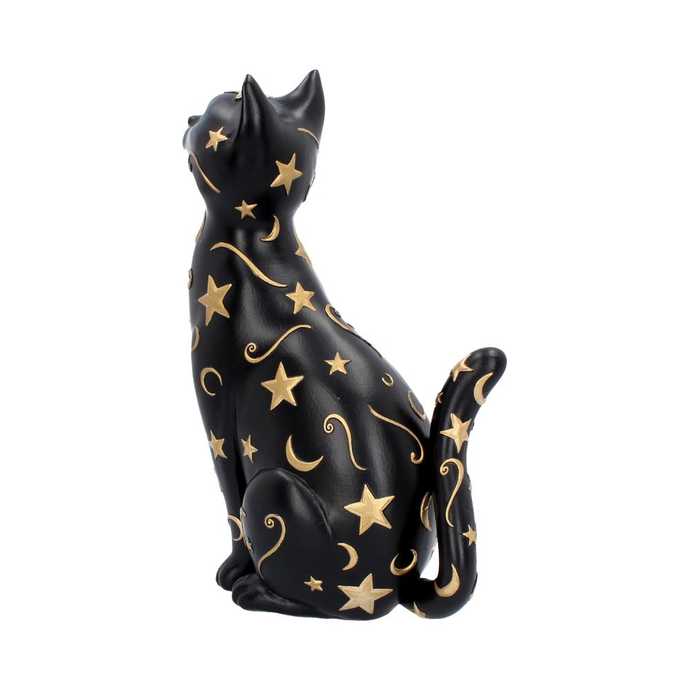 A black cat sculpture sits elegantly, adorned with gold stars, moons, and swirling patterns, creating a celestial theme against a plain white background.