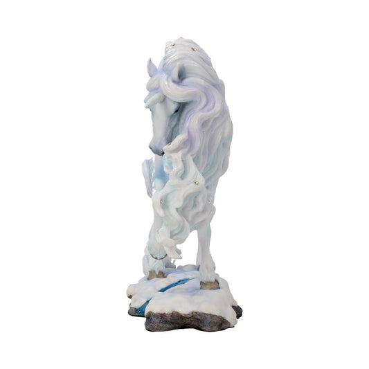 A white and lavender unicorn statue stands rearing on its hind legs atop a snowy rock formation with a small stream, against a white background.
