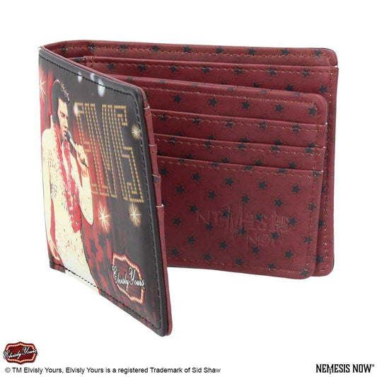 Wallet featuring an image of a performer with a microphone, adorned with decorative text saying "Elvis." The interior has multiple card slots with a star pattern on a red background.