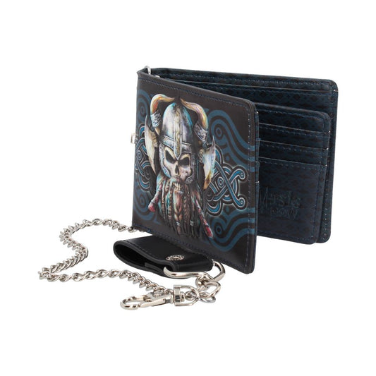 A bi-fold wallet, featuring a Viking skull graphic, rests open, attached to a metal chain. The wallet displays a dark background with blue wave patterns and Celtic knots.