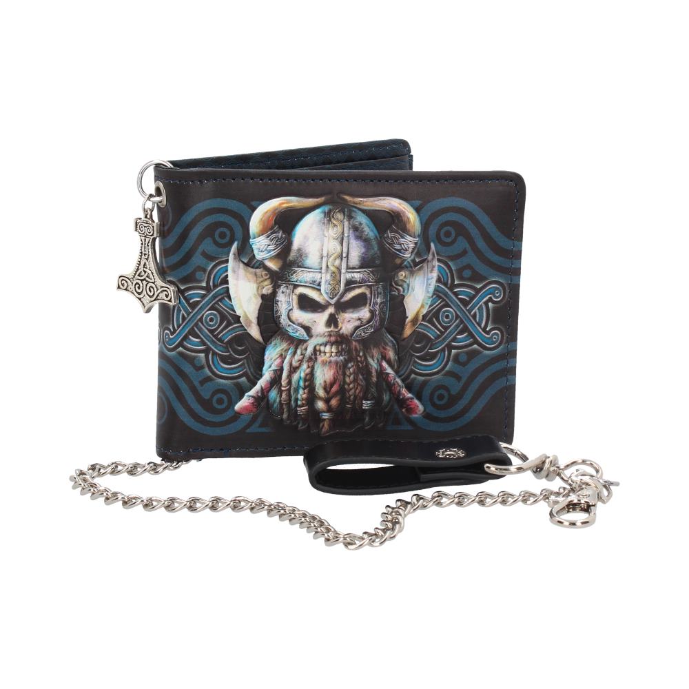 A bi-fold wallet, featuring a Viking skull design, is attached to a metal chain. The wallet rests on a white background.