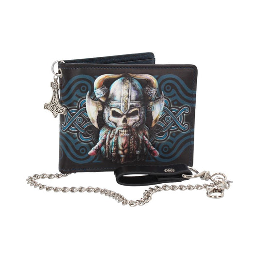 A bi-fold wallet, featuring a Viking skull design, is attached to a metal chain. The wallet rests on a white background.