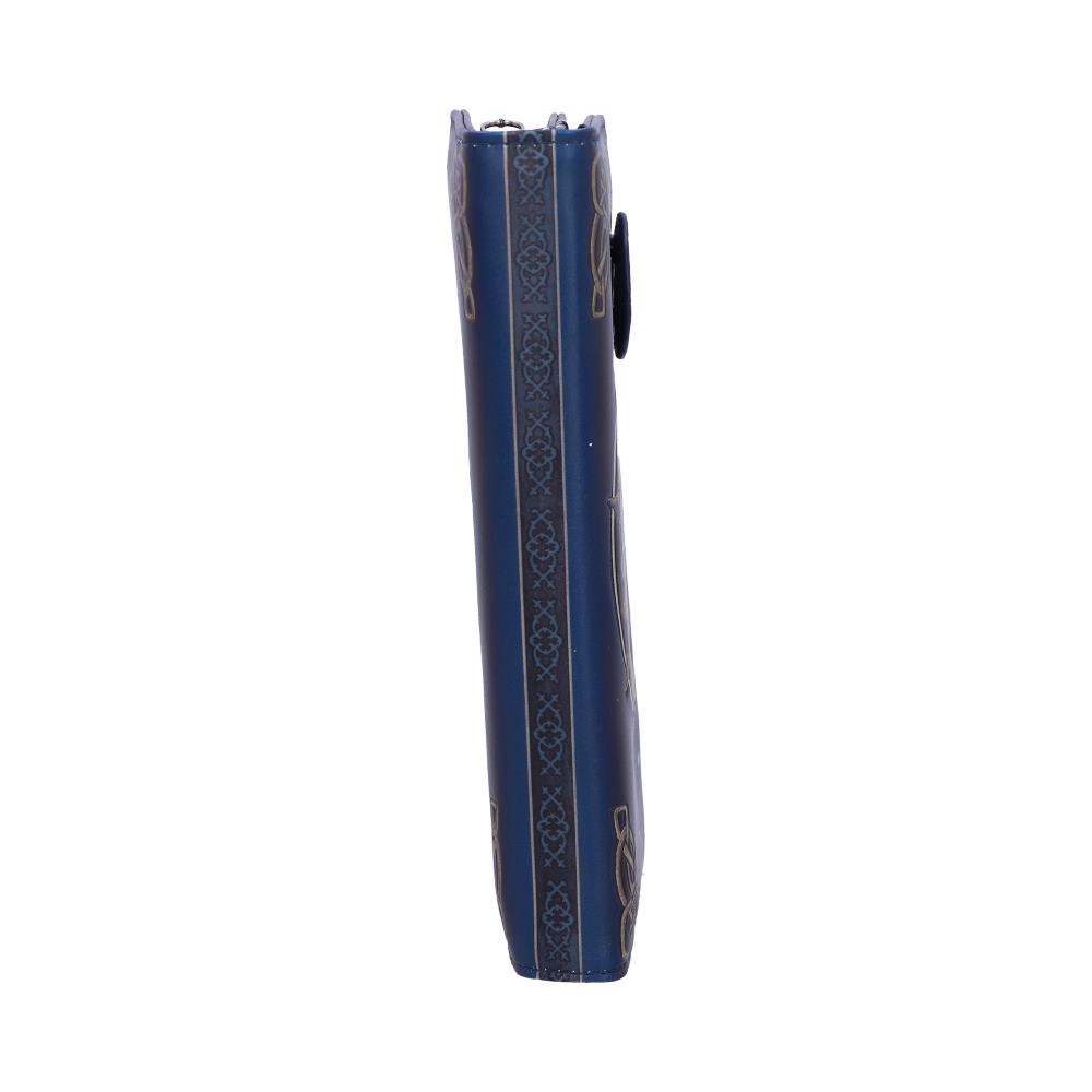 A dark-blue wallet stands upright, showing an ornate, gold-trimmed design. It is against a white background.