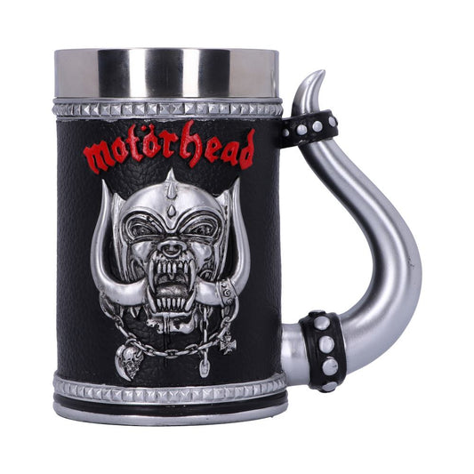 A decorative mug features a silver horned handle and metal emblem of a snarling creature, adorned with the text "motörhead" in red, set against a black background.