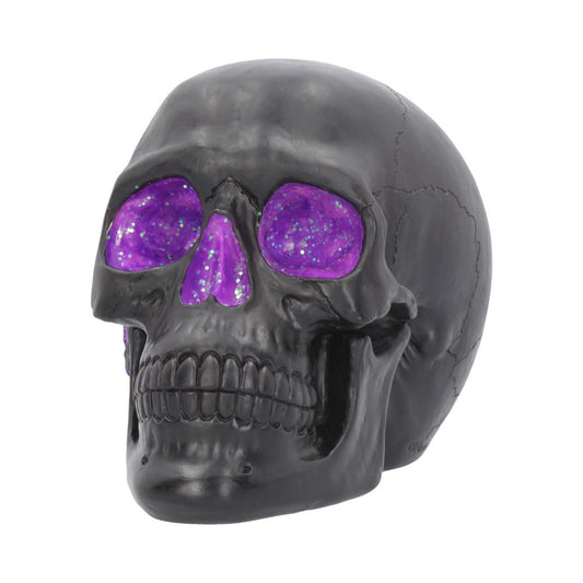 A black skull with shimmering purple eye and nose cavities sits isolated against a white backdrop, providing a dramatic contrast and eerie appearance.