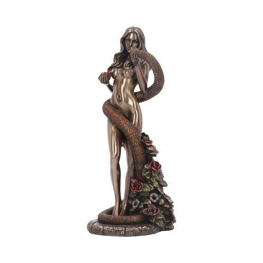 A bronze-colored statue depicts Eve holding an apple, a snake wrapped around her. A base of roses and leaves surrounds the statue. The background is plain white.