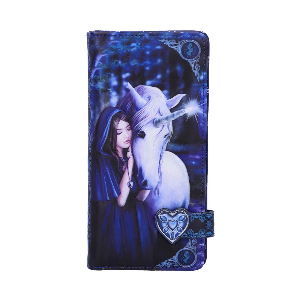 A wallet displays a woman in a hooded cloak embracing a unicorn in a mystical forest setting.