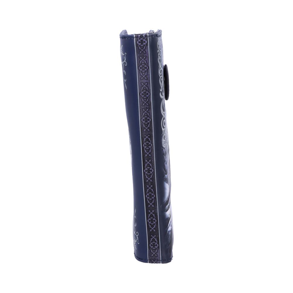 A dark blue wallet stands upright, featuring a grayscale design and ornate detailing along its side. The wallet displays a button closure. It is isolated against a white background.