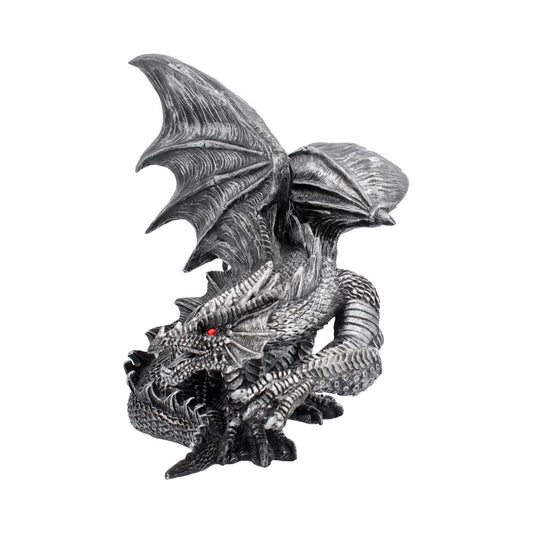 A detailed, metallic-gray dragon figurine with wings spread and red eyes crouches aggressively. The dragon features intricate scales and a fierce expression, situated against a plain white background.