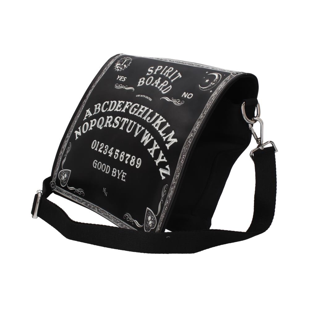 A satchel with a long black strap presents its face, designed as a spirit board, featuring the text "YES, SPIRIT BOARD, NO, USE WITH CAUTION, ABCDEFGHIJKLMNOPQRSTUVWXYZ, 0123456789, GOOD BYE".