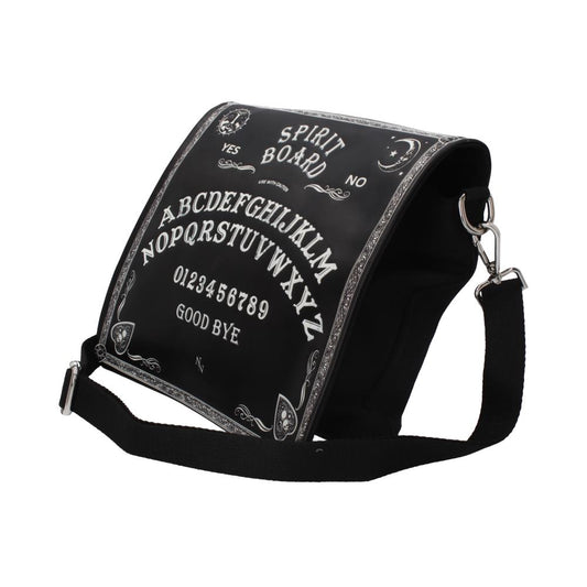A satchel with a long black strap presents its face, designed as a spirit board, featuring the text "YES, SPIRIT BOARD, NO, USE WITH CAUTION, ABCDEFGHIJKLMNOPQRSTUVWXYZ, 0123456789, GOOD BYE".