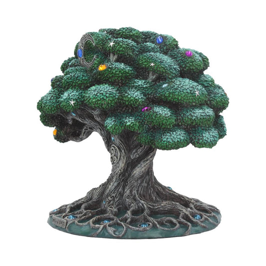 A stylized tree with dense, leafy canopy adorned with colorful gemstones and star symbols, stands firmly on a textured, swirling base, depicting a whimsical, enchanted forest theme.