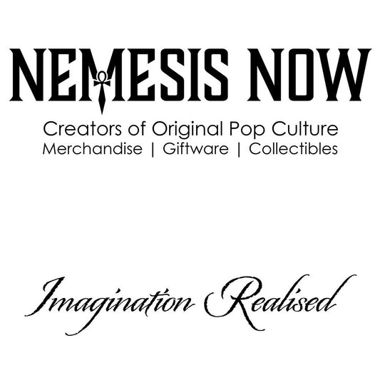 The image features the text "NEMESIS NOW" followed by "Creators of Original Pop Culture Merchandise | Giftware | Collectibles." Below, it reads "Imagination Realised" in a script font, all on a white background.