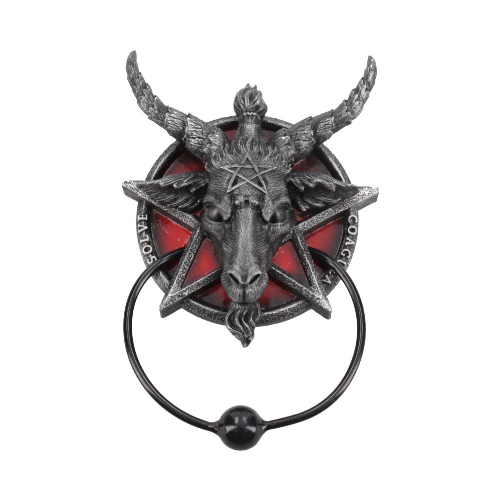 A metal goat head with a star symbol and horns holds a black ring. It is set against a red background with "SOLVE" and "COAGULA" written in a circular pattern.