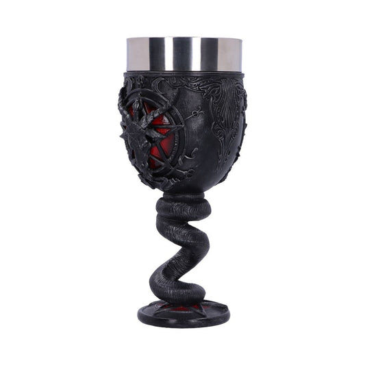 A gothic-style goblet sits upright. It features a black base, a snake-shaped stem, a dark, ornate body with a red interior, and a stainless steel lip, against a white background.