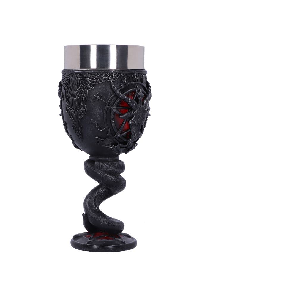 A decorative goblet sits upright. The black, intricately sculpted body rests on a snake coiled as a stem. The interior cup has a red glow, all on a white background.