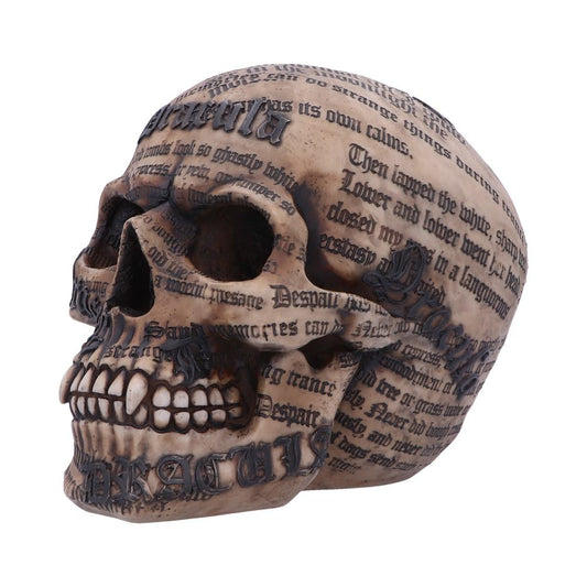 A human skull model is covered in dark, Gothic text. The words include "Dracula," "Despair," and passages like “Memories can.” The skull is prominently displayed against a plain white background.