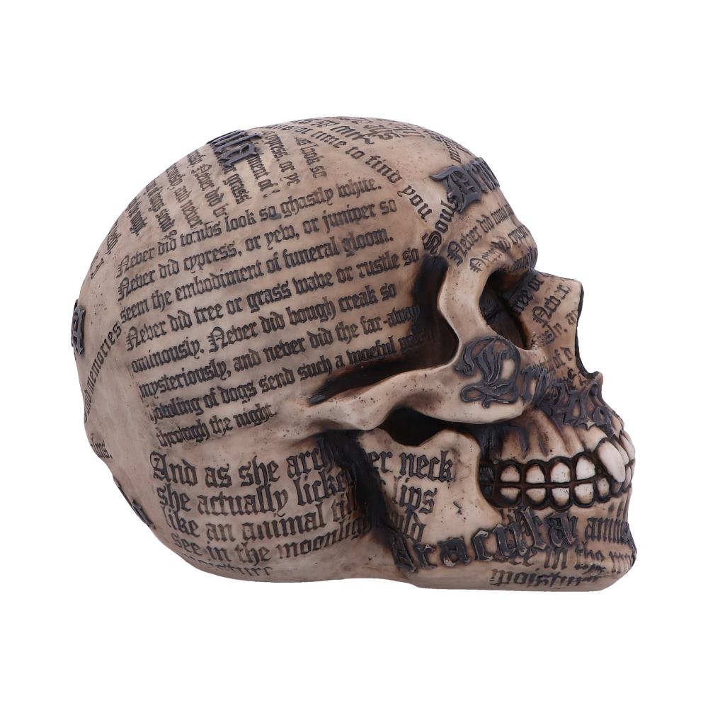 A detailed skull sculpture, adorned with black-text passages in various fonts, rests against a plain white background. The text includes phrases like "shadow" and "funeral gloom."