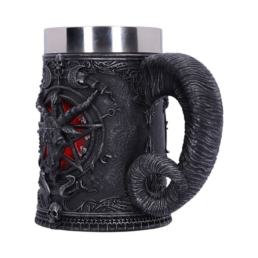A black, ornately-carved mug features a silver metal rim and goat horn handle. Its body displays a pentagram with a goat head and red background.