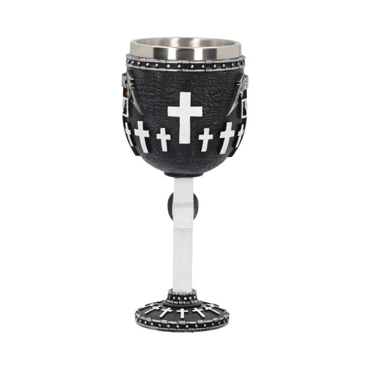 The chalice features a black surface adorned with white crosses, set within a textured design. It rests on a slender white stem, with a broader, circular base, suggesting a gothic or religious theme.