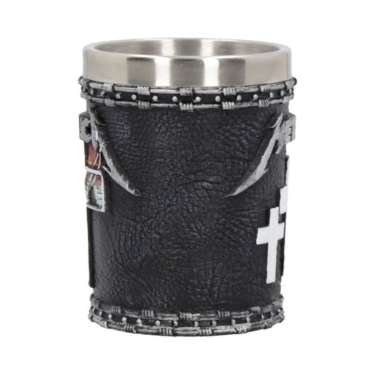 A black, cylindrical leather-wrapped metal cup with embossed white crosses and abstract patterns. It features detailed stitching around the top and bottom edges, standing alone on a white background.