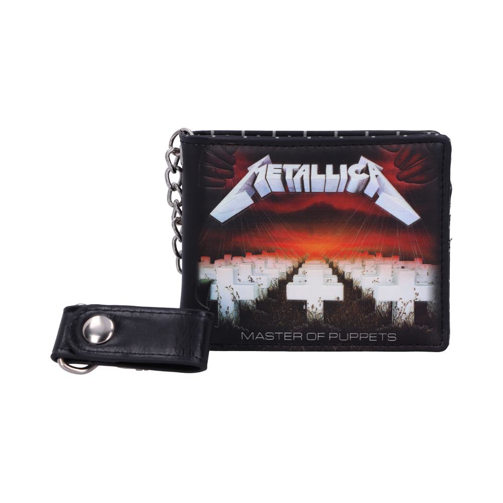 A black wallet features album art with white crosses and a red-orange sky. A silver chain and leather strap are attached. Text reads "Metallica" and "Master of Puppets."