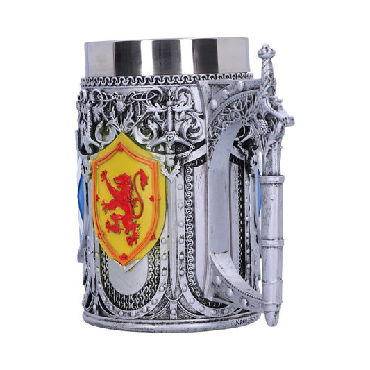 A silver tankard features a yellow shield with a red lion rampant design. A sword forms the handle, and “NEMESIS NY” is subtly visible on the lower edge.