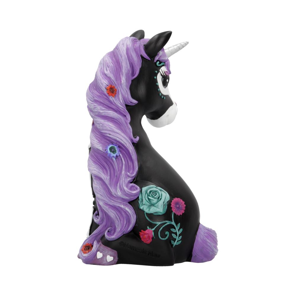 A black unicorn figurine with a purple mane sits against a white background. Flowers are painted on its body. Text: "©Nemeside Rhew."