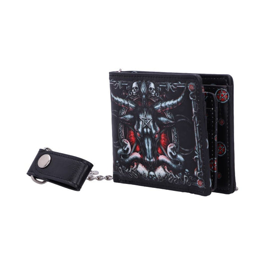 A black leather wallet, featuring a demonic bull design, rests on a white background. It is attached to a short, black leather chain with a key ring.
