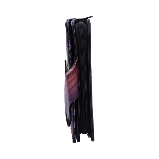A wallet stands upright, displaying a purple and red striped pattern on its exterior. A black zipper is visible along its side. The background is white.