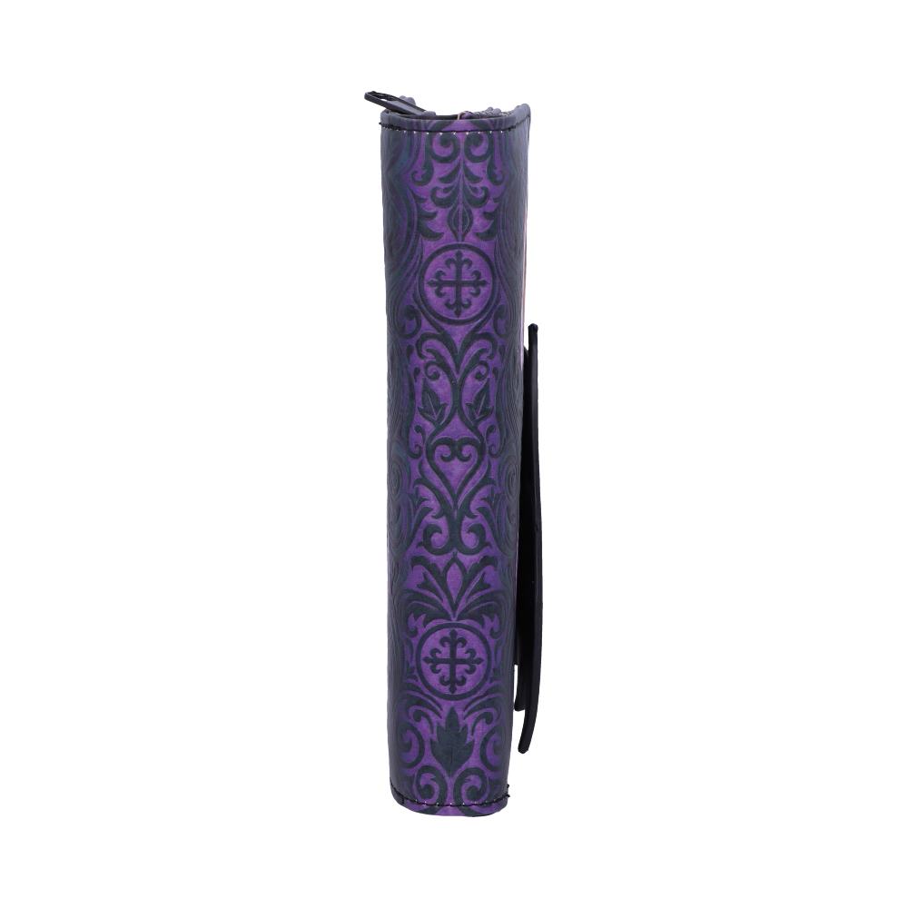 A purple wallet, adorned with a dark, repeating damask pattern, stands upright against a white background.