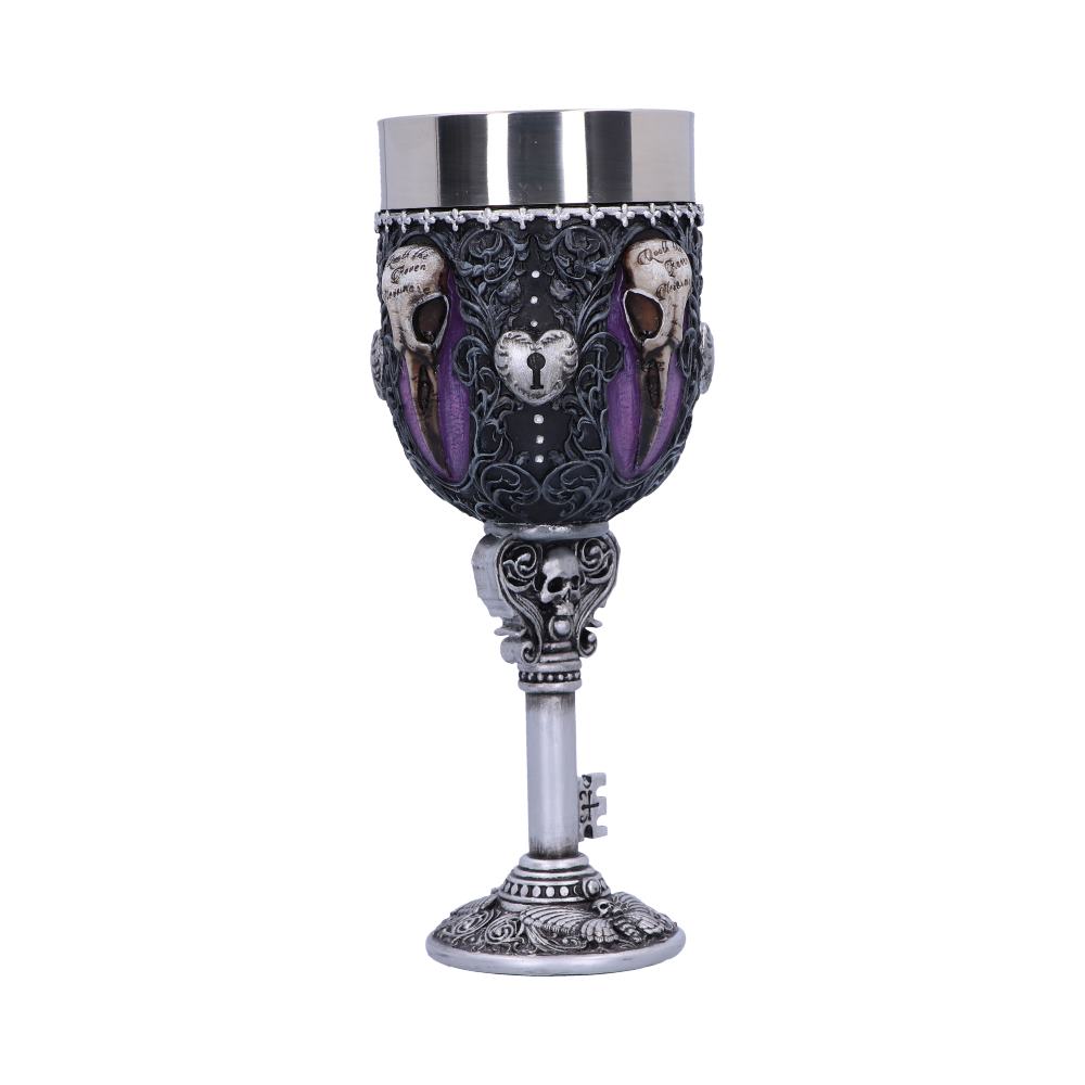 A gothic chalice, decorated with skulls, ravens, and filigree, rests on a key-shaped stand. The cup reads, "Death of the Raven" on either side of a central heart lock.