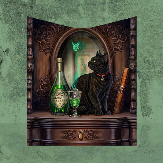 A black cat wearing a red collar sits atop a shelf containing a bottle of "ABSINTHE La Fee Green Fairy 1789," a glass of absinthe, and a book, while a green fairy flies in the mirror behind.