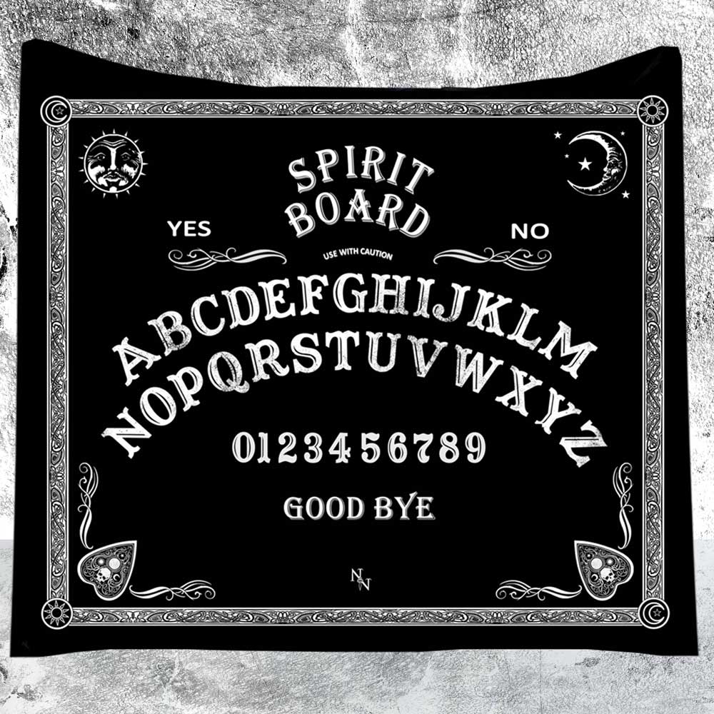 A black "Spirit Board" features white alphabet letters, numbers, a sun, moon, and ornate detailing. Words "YES," "NO," "USE WITH CAUTION," and "GOOD BYE" are included within a decorative border.