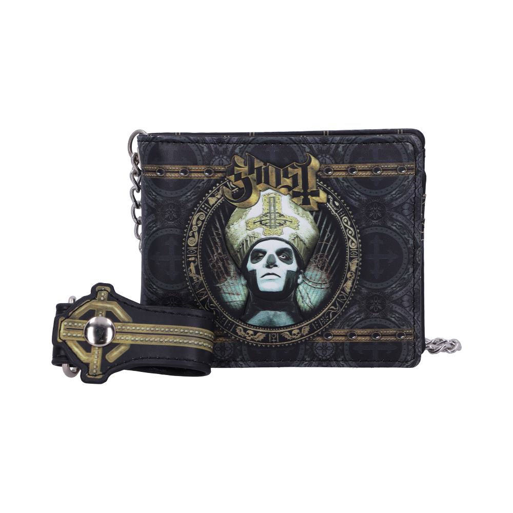 A black wallet displays a stylized image of a clergy figure with elaborate headgear. The text "Ghost" is above the figure. A matching strap with a metal clasp is beside it.