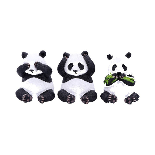 Three panda figurines sit side-by-side on a white background. The first covers its eyes, the second its ears, and the third is eating bamboo.