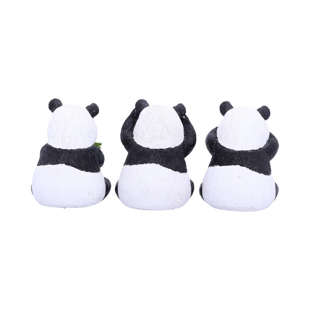 Three panda figurines sit side-by-side, facing away. One panda appears to be eating bamboo, one has its hands over its ears, and the third has its hands over its eyes. They are set against a white background.