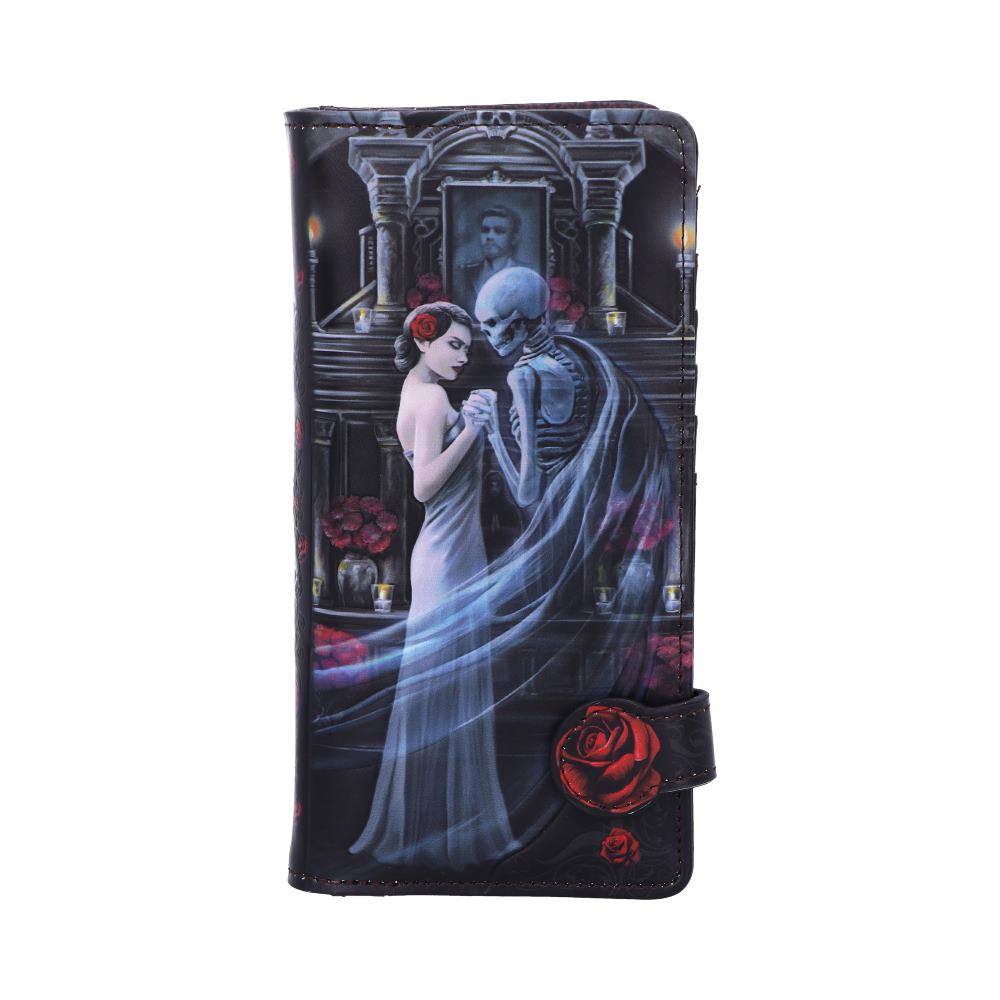 A long wallet displays a woman and skeleton embracing in a gothic setting, featuring red roses and candles.