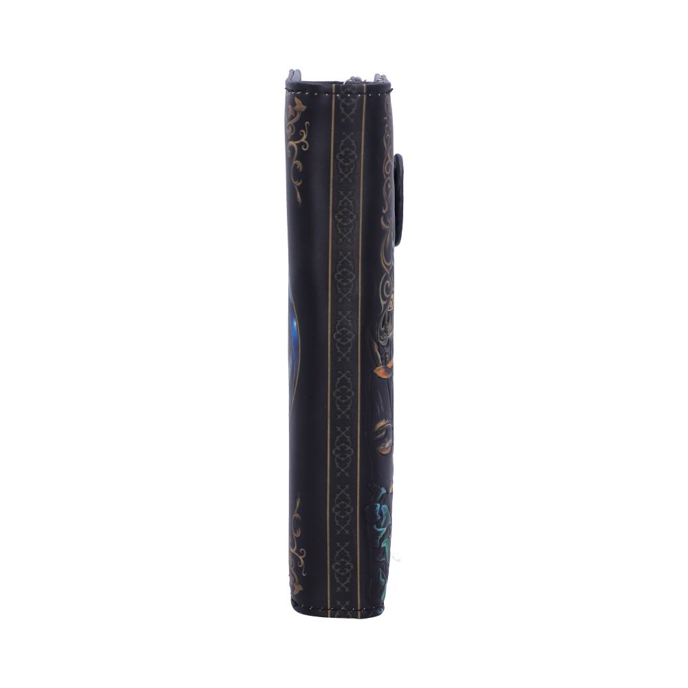 A black wallet stands upright against a white background. Ornate gold designs and colorful artwork decorate its surface.