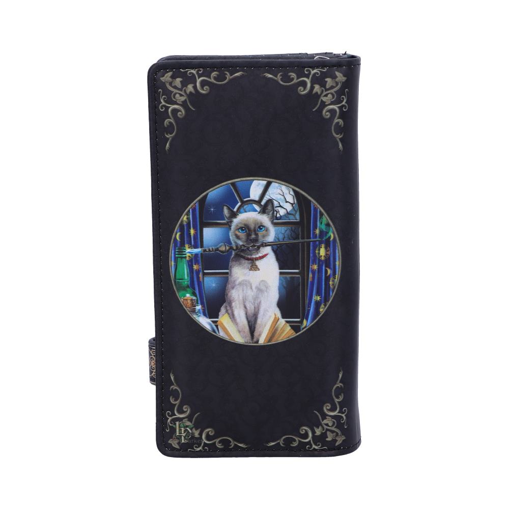 A dark, ornate wallet features a Siamese cat holding a wand in its mouth. It sits on a book in front of a window at night. "LYS & LYS LEATHER" is on the lower left corner.